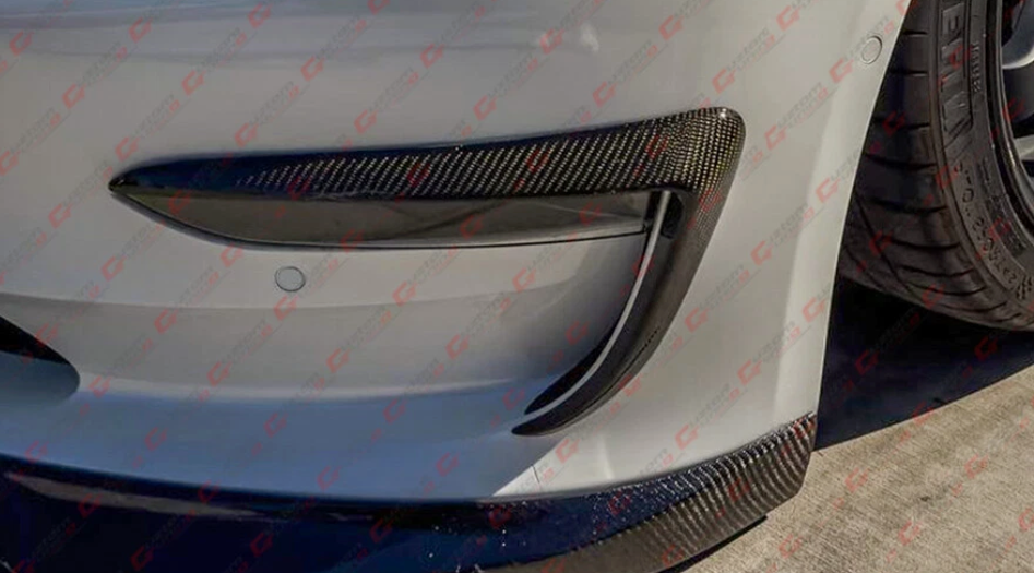TESLA MODEL 3 CARBON FIBER FRONT BUMPER FOG LIGHT GARNISH TRIM COVER