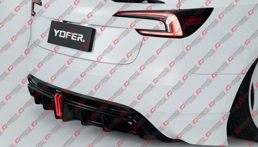 Tesla Model 3 Highland Yofer Pearl White Blk Rear Bumper LED Diffuser