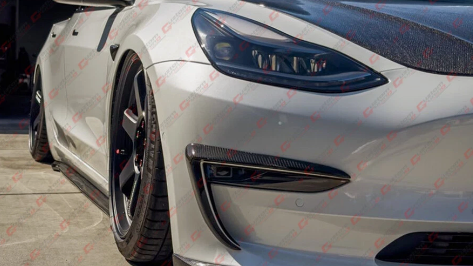 TESLA MODEL 3 CARBON FIBER FRONT BUMPER FOG LIGHT GARNISH TRIM COVER